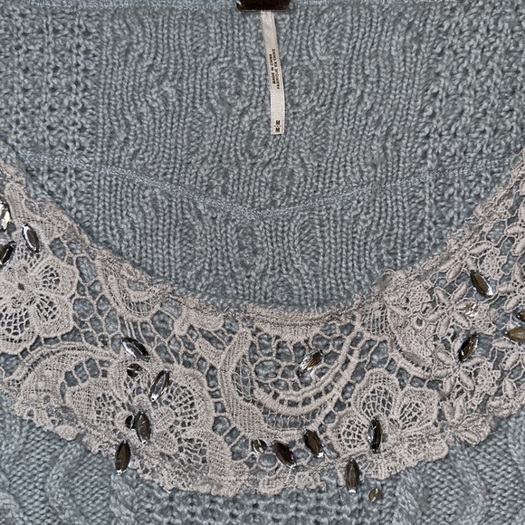Free People Light Blue Aurora Embellished Lace Crochet Cable Knit Sweater - Picture 2 of 5